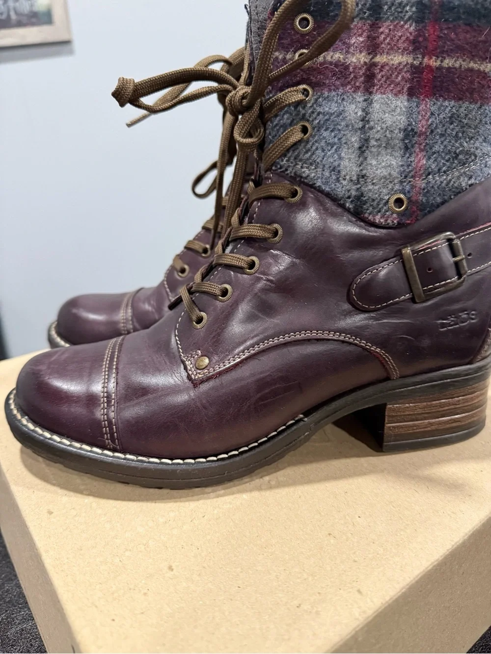 Taos Footwear Burgundy Leather Lace-Up Ankle Boots with Plaid Cuff and Buckle
